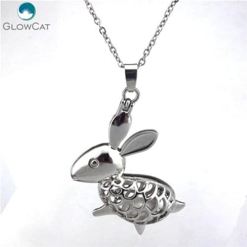 K114 Silver Magnetic Rabbit Pearl Bead Cage Locket Necklace Stainless Chain 18" Aroma Essential Oil Diffuser Locket