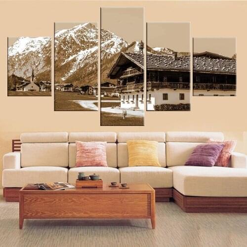 Painting Canvas Wall Art 5 Piece Snow Mountain House Posters Picture Landscape Prints For Home Interior Decor Bedroom Decoration