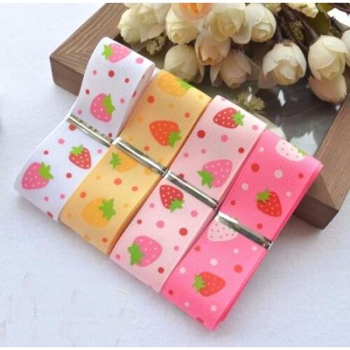 Grosgrain 4 Patterns Strawberry Printed Ribbon Set Webbing Satin Cartoon Hairbow Ribbon