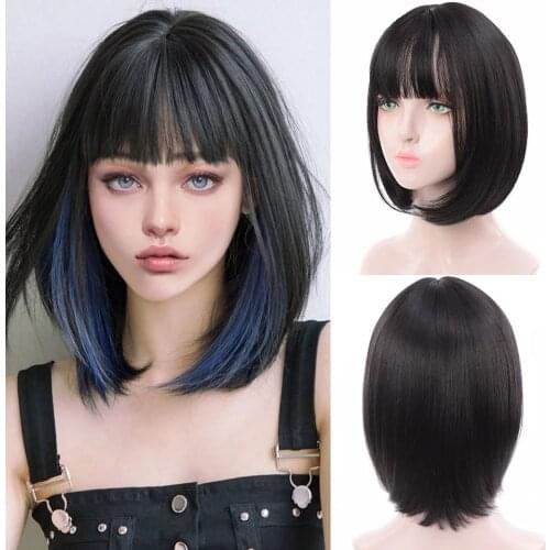 MSTN Hort Bob Synthetic Wig With Bangs for Women Black White Purple Cosplay Wig for Party Daily Use Shoulder Length