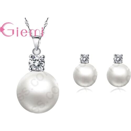 New Top Quality 925 Sterling Silver Jewelry Set Pearls With Crystals Pendant Necklace Stud Earrings For Women Wedding