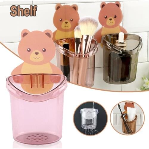 Punch-free Storage Box Adhesive Wall-mounted Toothbrush Holder with Cute Bear Patch & Drainage Holes for Bathroom Kitchen Shelf