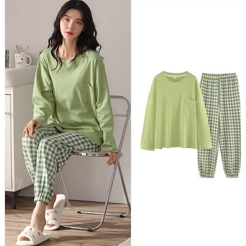 Fdfklak New Pajamas Set For Women Autumn Big Size M-XXL Sleepwear Fruit Green Plaid Trousers Cotton O-Neck Lounge Wear