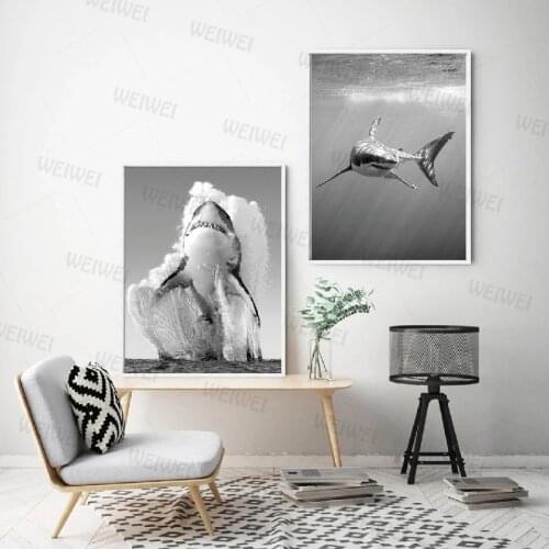 Great White Shark Black White Posters and Prints Monochrome Nature Wall Art Canvas Painting Pictures for Living Room Home Decor