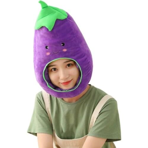 Kawaii Cartoon Eggplant Plush Hat Cute Expression Embroidery Stuffed Toys Headgear Warm Earflap Cap Cosplay Party Props
