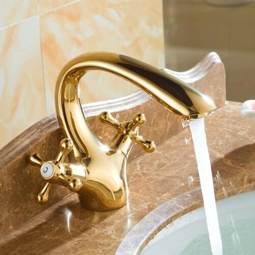 Gold Plated Dual handle high-quality water tap hot and cold Bathroom wash basin faucet mixer pull out Wholesale Or Retail