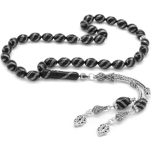 Tesbihane 925 Sterling Silver Double Tassels Double Row Silver Spiral Embroidered Barley Cut Erzurum Oltu stone Rosary