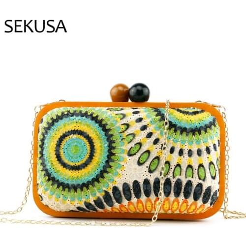 Vintage Flower Sequined Women Evening Bags With Wooden Metal Day Clutches With Shoulder Chian Handbags Holder