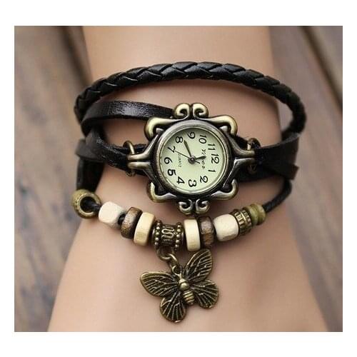 Foreign trade antique watch fashion leather wrapped bracelet epidermis women table butterfly pendants wholesale children table