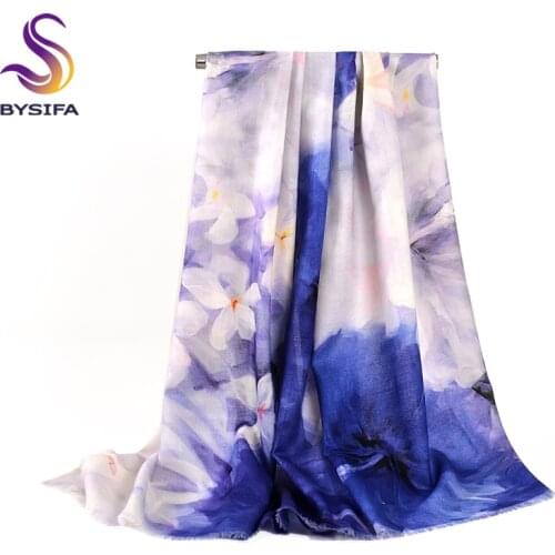 [BYSIFA] Winter Blue White Pure Wool Cashmere Scarves Shawl Women Chinese Style Poppy Floral Short Tassel Lady Scarves Pashmina