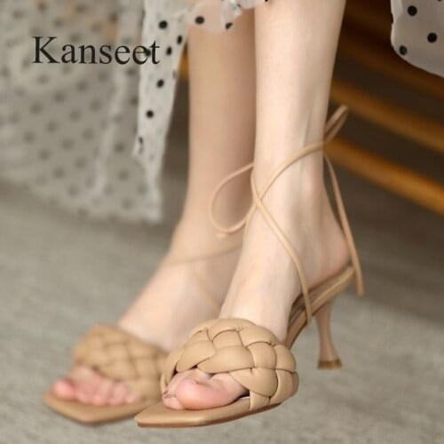 Kanseet 2021 Women Slippers Fashion Weave Design Summer Microfiber Leather Outdoor Handmade 6cm High Heels Slippers Woman Shoes