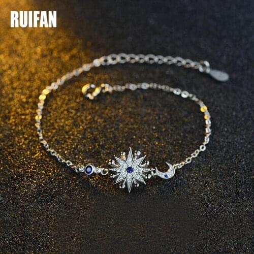 Ruifan Sun Shape Bule Cubic Zirconia Slim Link Chain 925 Sterling Silver Wrist Bracelets Women Female Trendy Jewelry YBR030