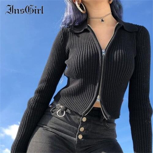 InsGirl Fashion Streetwear Sweater Zipper V-neck Long Sleeve Knitted Cardigan Harajuku Sexy Slim Casual Dark Sweater Female