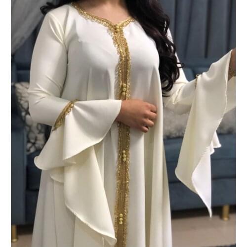 Middle East Malay Lotus Sleeve Embroidered Gold Lace Dress Jalabiya Muslim Womens Dress White