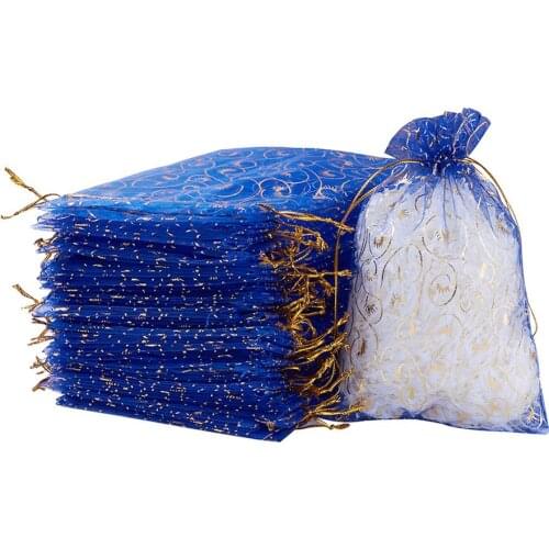 100pcs Organza Bags Jewelry Packaging Bags Wedding Party Decoration Drawable Bags Gift Pouches with Golden Twisted Tendril