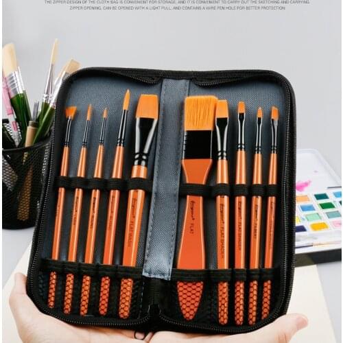 11Pcs/set Nylon Brush Head Solid Wood Handle Art Painting Brush Oil Brush Acrylic Brush Watercolor Brush Portable Storage Bag