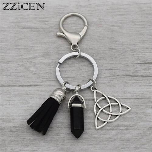 2018 Natural Opal Black Quartz Onyx Stone Antique Trinity Knot Triquetra Symbol Tassels Pendant Key Rings Keychain Gifts