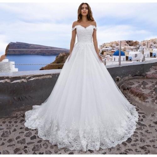 Eightree 2021 White Lace Wedding Dress Off Shoulder Tulle A-Line Lace up Back Summer Bridal Ball Gown Evening Dress Custom Size