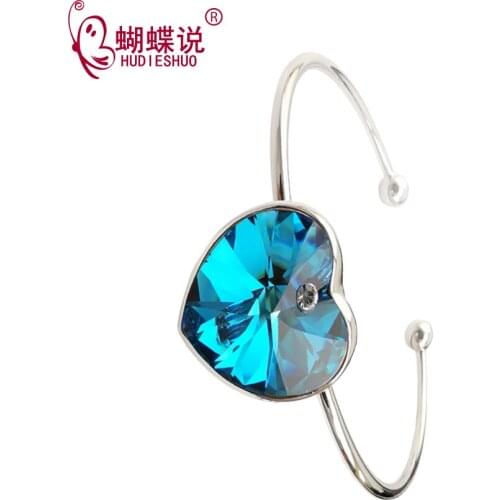 2019 Hot New Fashion Romantic Crystal Double Heart Bow Bilezik Cuff Opening Bracelet For Women Jewelry Gift Mujer Pulseras 13g