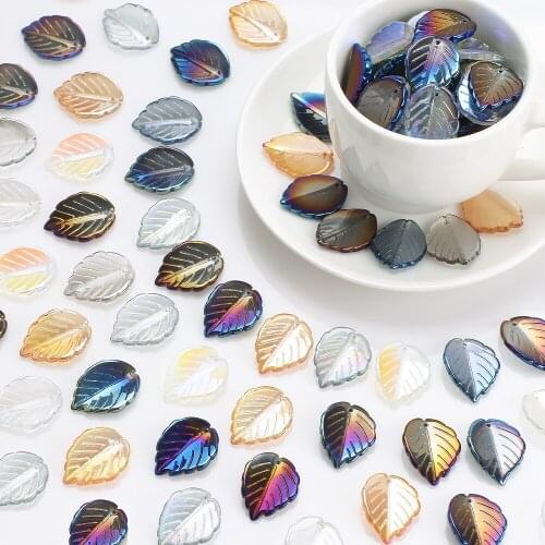20Pcs Czech Glass Glazed Beads Tea Leaf Shape 17x24mm Plated Crystal Leaves Pendants For DIY Making Handmade Earing Accessories