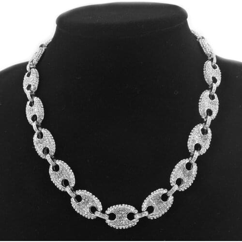 Golden Silver color iced out bling womens cuban link chain pig nose rapper rock men hip hop cz miami necklace jewelry