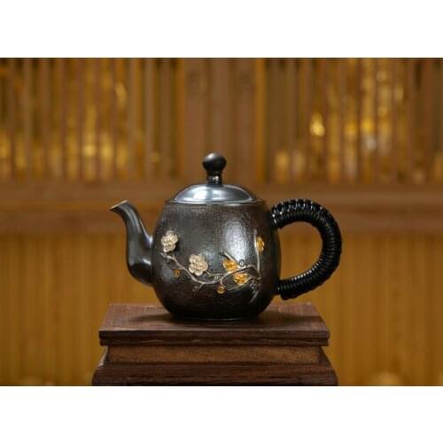 Silver pot 999 sterling silver handmade tea set Japanese retro teapot kettle home tea ceremony Kungfu tea set 260ml