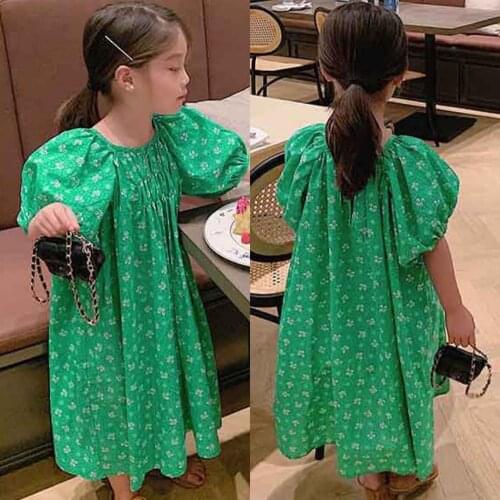 Childrens Floral Dress Summer Girls Puff Sleeve Dress Childrens Dress Pastoral Style Floral 2-7 Y Baby Kids Fashion Clothing
