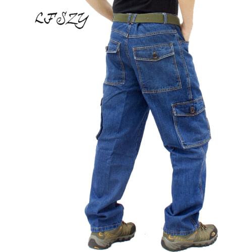 Jeans Men New Loose Large size Sturdy Cotton Workwear Denim trousers Casual Straight Multi-pocket Work pants