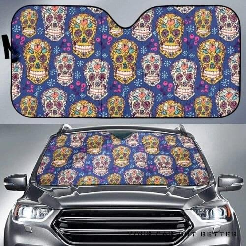 INSTANTARTS Floral Sugar Skull Pattern Heat Reflector Car Sun Shade for Windshield Foldable Car Accessories Car Sunshade Cover