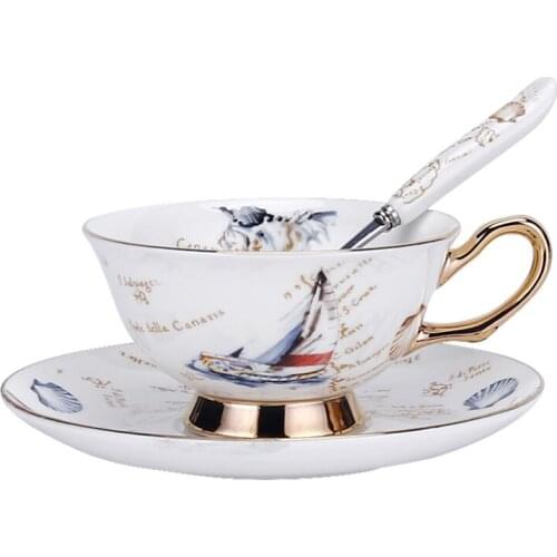Nordic Style Bone China Coffee Cup Saucer Spoon Set 200ml British Cafe Porcelain Tea Cup Advanced Ceramic Sail Logo Teacup