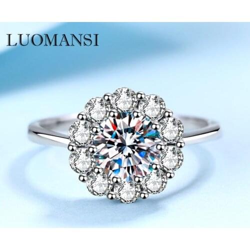 Luomansi Real 1CT Moissanite Flower Ring with GRA Certificate 100-S925 Sterling Silver Jewelry Wedding Party Birthday Gift