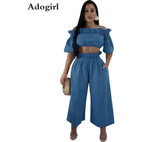 Adogirl Cowboy 2 Piece Set Women Ruffles Slash Neck Half Sleeve Crop Top + Empire Pockets Long Wide Pants Casual Outfits