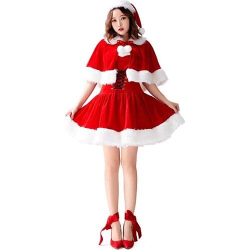 Red Velvet Christmas Dress With Xmas Shawl Hat Women Girl Fancy Party Dress Suit Cosplay Santa Claus Costume Lace Up