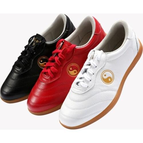 Cowhide Tai Chi Sneakers Free Flexible Martial Arts Wushu Shoes Sports Sneaker Training Footwear Black Red And White Size 34-46