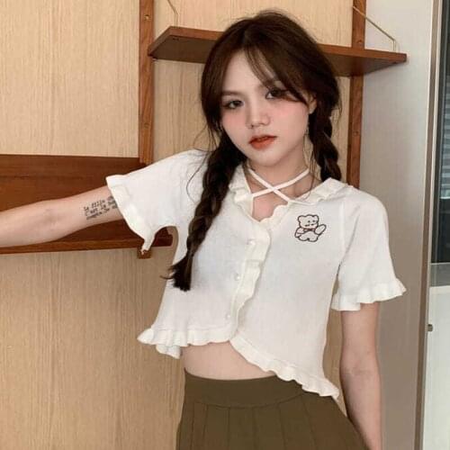 Summer One Piece Kawaii Lolita Knitting Sweet Halter Collar Ruffle Tops Japanese Cute Girl Sweater Baby Doll Women Shirt Vestido