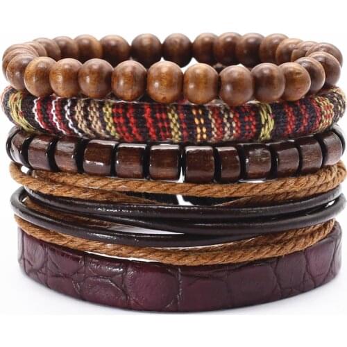 5 Pcs/set Handmade Weave Charm Wrap Men Bracelet Femme Homme Male Jewellery Pulseras Beads Leather Bracelets for Women Bangles