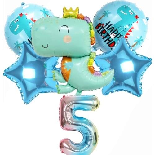 6pcs new cute dinosaur aluminum foil balloon digital five-pointed star set for childrens birthday party dinosaur theme decorati