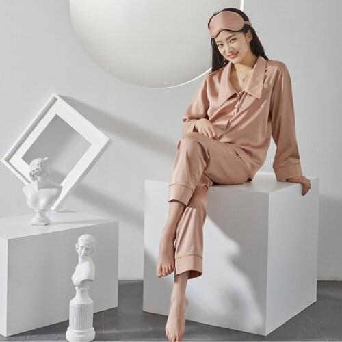 152 New Faux Silk Pajamas Set Spring Woman Pajamas Sleepwear Casual Long Sleeve Trousers Turn-down Collar Satin Female Homewear