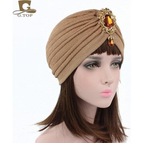 New luxury women thick cotton Turban with silver diamante pendant muslim hijab head wrap