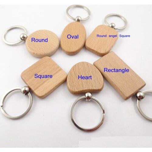 30pcs/Lot Diy Blank Wooden Key Chain Rectangle Heart Round Ellipse Carving Keyring Wood Keychain Ring for Men and Women Gift