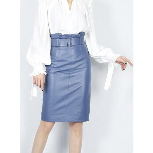 Chic womens high quality high-rise belt skirts fashion OL genuine leather pencil skirt B344