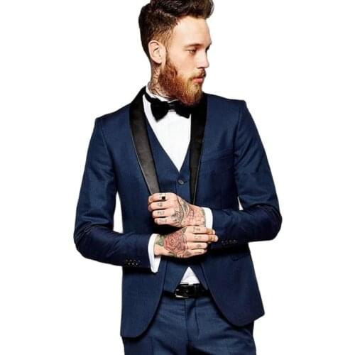 Slim Fits Navy Blue Groom Tuxedos Handsome Shawl Lapel Men Evening Dress Toast Suit Customize (Jacket+Pants+Vest+Tie) NO:075