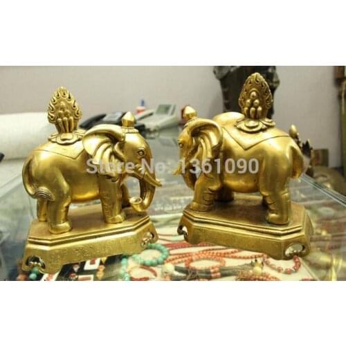 Xd 00516 9"Tibet Buddhism Temple Purple Old Bronze 24K Gold Lucky elephant Statue Pair