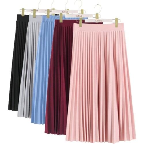Womens Solid ColorHigh Waist Pleated Solid Color Half Length Elastic Skirt Ladies Pink Spring Autumn New Fashion Elegant Skirt