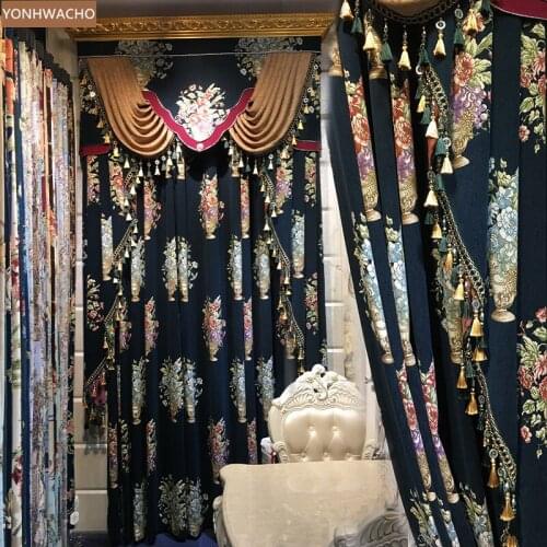 Custom curtain high quality French living room Chenille jacquard thick blue cloth blackout curtain valance tulle panel C671