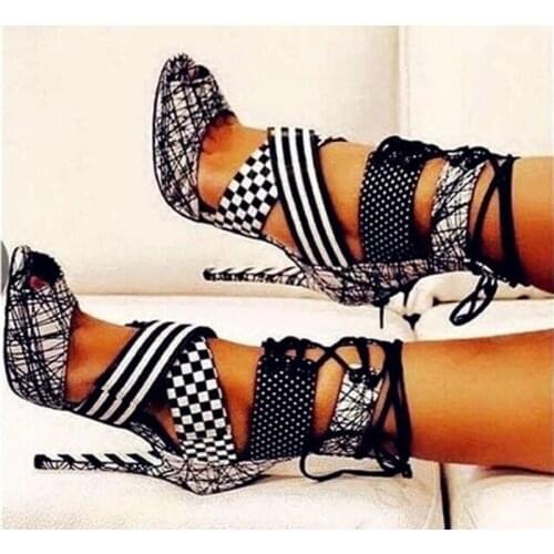 Black white Graffiti Line Printed Leather Sandals Woman Polka dot Patchwork High Heels Strap Lace up Summer Sandals Boots Shoes