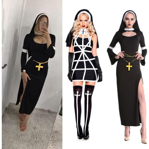 Halloween Gothic Church Evil Sexy Nun Carnival Party Cosplay Costume Girls Women Female Fancy Cross Bodycon Dress Catholic Set