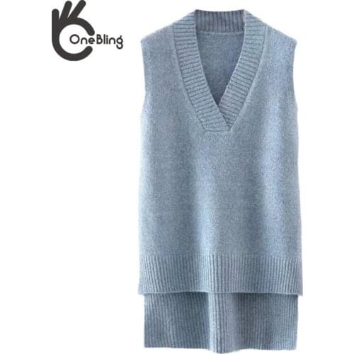 OneBling 2021 Za Woman Casual Traf Pull Femme Autumn Winter Sleeveless V Neck High Low Hem Knit Vest Long Sweaters Green Gilets