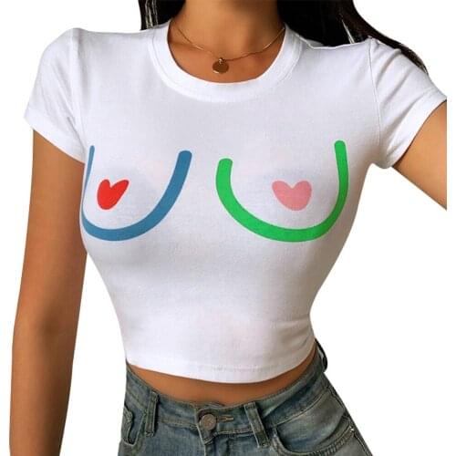 Women Crop Top White Short Sleeve T-Shirt Vest Fashion Short Tops Funny Clothes T-shirts