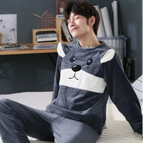 Winter Pajamas Men Long Sleeved Coral Fleece Warm Flannel Pyjamas Mens Lounge Animal Pajama Set Plus Size 3XL 4XL 5XL Sleepwear